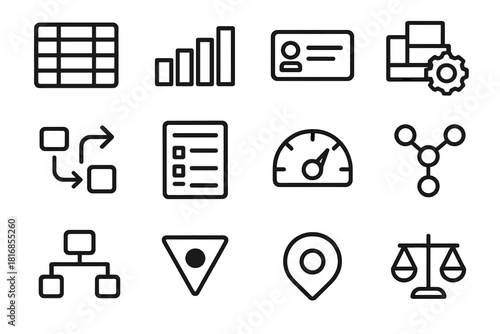 Resource Planning Icons. Resource Planning Pack linear icon set: inventory board, capacity bar, task allocation card, grouped assets, flowchart arrows, planning sheet, load gauge