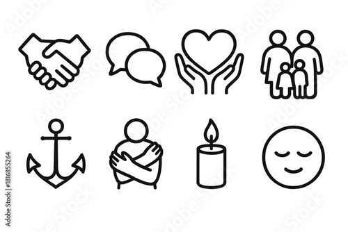 Symbols of Support and Care. Support and Compassion linear icon set: handshake, chat bubble, heart with hands, family silhouettes, anchor, hug symbol, candle, calm circle