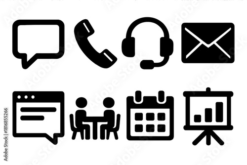 Bold Office Icons. Office Communication silhouette icon set: speech bubble, phone handset, headset, envelope, chat window, meeting table, calendar, presentation board