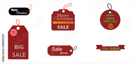 Vector Set of Red Striped Christmas Sale Price Tags, Mega Discount Labels, and Holiday Promotion Banners
