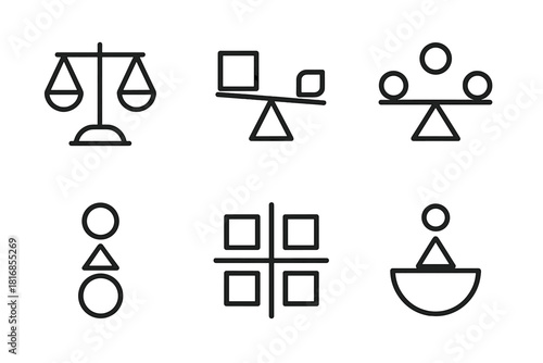 Symmetrical Icon Grid. Visual Balance linear icon set. symmetrical layout, asymmetrical design, centered composition, weighted shapes, grid alignment, harmony scale.
