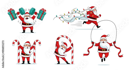 Christmas Santa Claus illustrations showing him engaged in various energetic activities like weightlifting, jumping rope, and decorating with lights