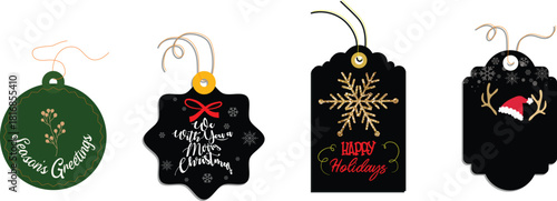 Premium Vector Set of Four Dark and Elegant Christmas Gift Tags with Gold Snowflake and Handwritten Holiday Greetings

