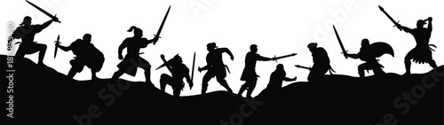 Vector silhouette illustration of ancient medieval warriors ready for battle with swords and shields isolated on white background for heroic fantasy design element