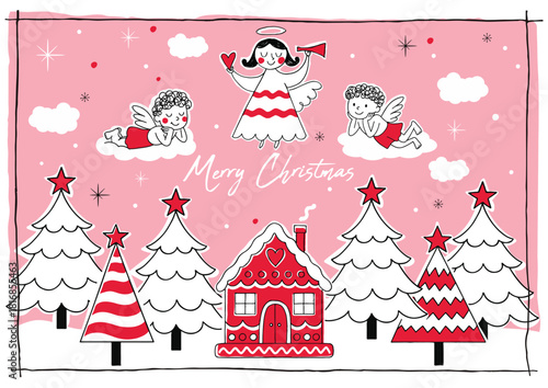 A cute Christmas illustration featuring cheerful angels floating above a festive winter landscape with decorated Christmas trees and a red gingerbread house for greeting cards, posters, banners