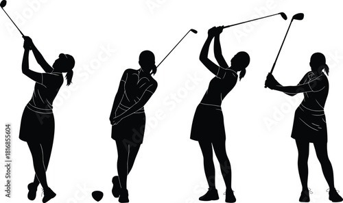 Vector silhouette set of a female golfer demonstrating the full golf swing motion stages isolated on white background for sport and athletic design projects