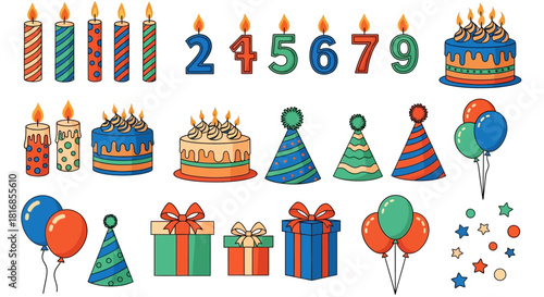 Birthday party celebration elements including colorful candles, cakes, balloons, and gift boxes
