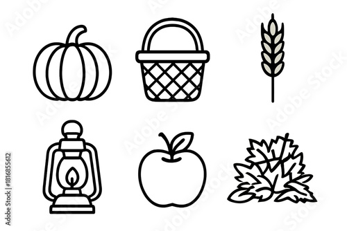 Harvest Icon Collection. Harvest Mood linear icon set: pumpkin, basket, wheat stalk, lantern, apple, leaf pile