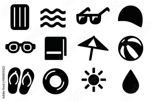 Brutalist Swimming Icons. Recreational Swimming Icons silhouette icon set: pool float, wave, sunglasses, cap, goggles, towel, umbrella, beach ball, flip flops, swim ring, sun