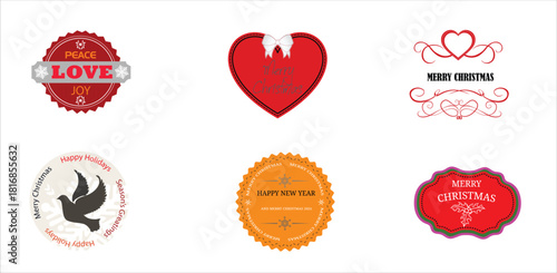 Premium Vector Set of Six Holiday Themed Badges, Christmas Labels, and New Year Emblems with Peace, Love, and Joy Text
