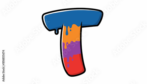 A vibrant, multicolored graffiti-style letter T with a dripping paint effect on a white background.