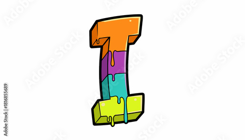 Colorful graffiti style letter 'I' with a 3D block effect and dripping paint on a white background.