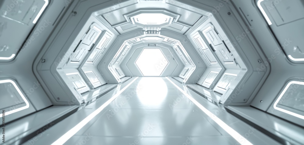Obraz premium White futuristic hallway with bright glowing light. Sci-fi spaceship interior features modern geometric design. Clean empty tunnel shows advanced tech architecture, path to future world, representing
