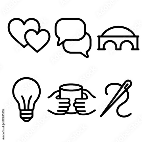 Symbolic Connection Icons. Genuine Connection linear icon set: two hearts, dialogue box, bridge, light bulb, shared cup, thread link