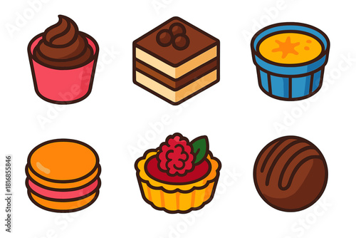 Decadent Dessert Icons. Decadent Treats flat icons set. chocolate mousse, tiramisu, crème brûlée, macaron, tart, truffle