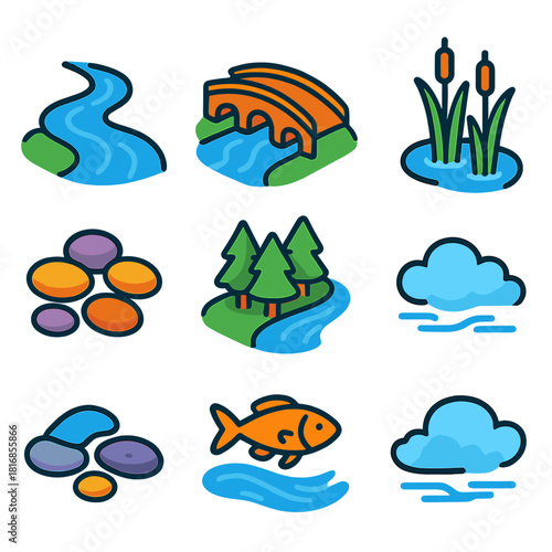 Isometric River Valley Icons. River Valleys flat icons set. flowing water, bridge, waterfall, reeds, pebbles, forest edge, fish, mist cloud