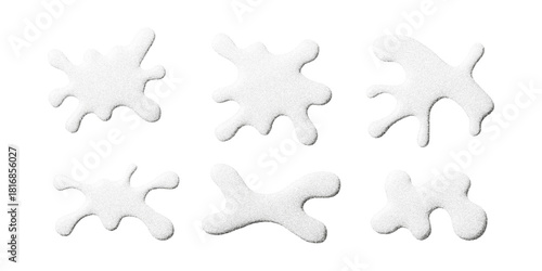 Subtle grainy splashes with soft gradients and dot textures. Each liquid shape has a light, abstract feel and smooth fading edges, creating clean organic effect for modern design and minimal layouts