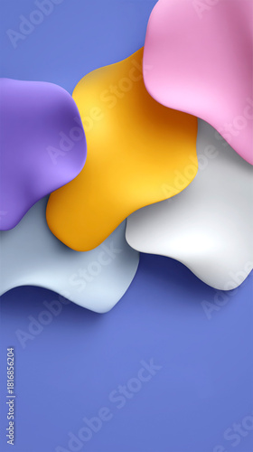Colorful abstract 3D shapes overlapping on blue background with smooth fluid texture