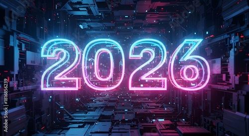 Fototapeta Naklejka Na Ścianę i Meble -  Glowing neon numbers 2026 in a futuristic digital tunnel background