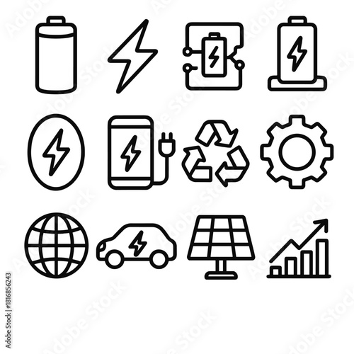 Modern Energy Icons. Next-gen batteries linear icon set: battery cell, lightning bolt, circuit board, charging dock, energy symbol, power bank, recycling icon, gear, globe