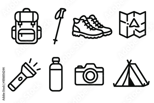 Outdoor Adventure Icons. Trail Journey linear icon set: backpack, trekking pole, shoes, map, flashlight, water bottle, camera, tent