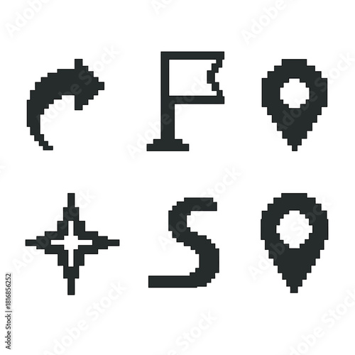 Pixel Art Direction Icons. Direction pixel style icon set: curved arrow, route ribbon, navigation dot, orientation star, pathway bend, guiding mark