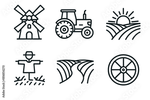 Rural Icons Sketch. Rural Life linear icon set: windmill, tractor, sunrise, field path, scarecrow, wagon wheel
