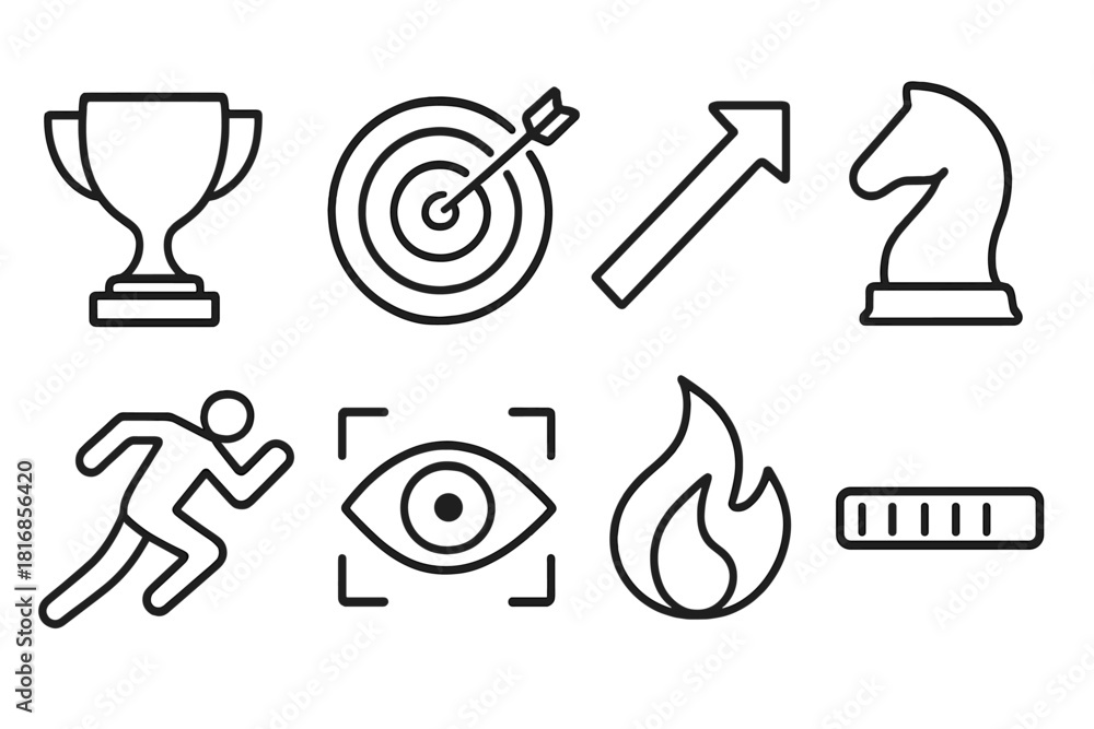 Obraz premium Competitive Icons Series. Competitive mindset elements linear icon set: trophy, target icon, upward arrow, chess piece, sprint silhouette, focus eye, flame spark, progress bar