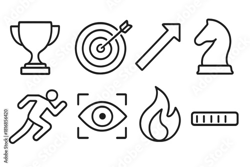 Competitive Icons Series. Competitive mindset elements linear icon set: trophy, target icon, upward arrow, chess piece, sprint silhouette, focus eye, flame spark, progress bar