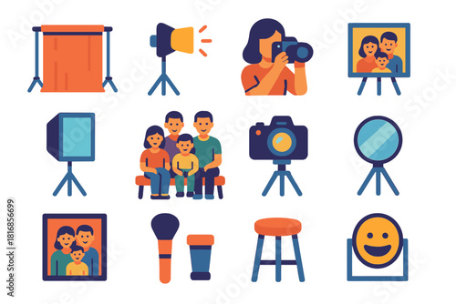 Modern Family Studio Setup. Studio Family Photos flat icon set: backdrop curtain, lighting setup, photographer, photo stand, softbox, family sitting, camera tripod, framed print