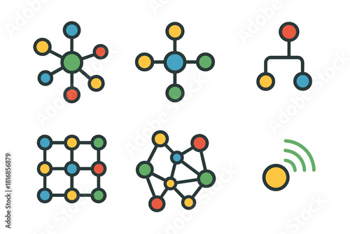 Network Nodes Vector. Network Structure flat icon set: connected nodes, linking lines, central hub, branching cluster, mesh grid, signal dot