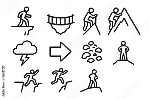 Adventure Icon Set. Adventure Risk Symbols linear icon set: mountain ledge, rope bridge, steep ascent, storm cloud, bold arrow, rocky path, daring leap, lookout point