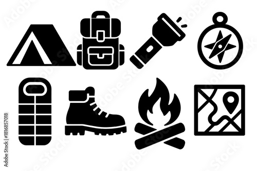Brutalist Camping Icons. Camping Gear silhouette icon set. tent, backpack, flashlight, compass, sleeping bag, boots, campfire, map