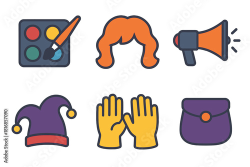 Disguise Tools Collection. Disguise Tools flat icon set: face paint palette, wig, voice muffler, costume hat, gloves, accessory pouch