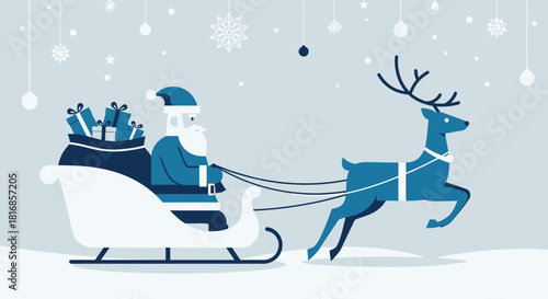 Santa Claus riding his sleigh pulled by a reindeer in a winter wonderland with snowflakes