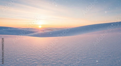 Snow covered hills at sunset with falling snow winter