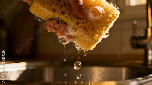 Hand squeezing a soapy sponge over a kitchen sink, capturing the essence of cleaning with water droplets, great for home decor.