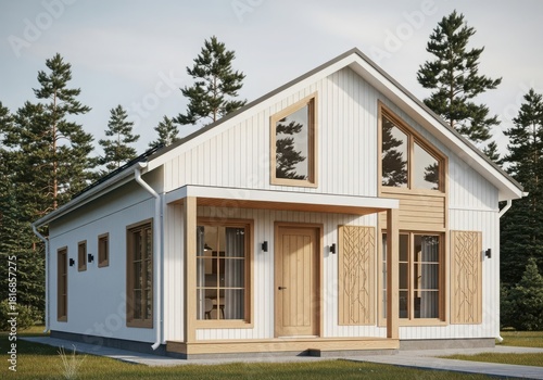 Contemporary white house design with wood siding and large windows