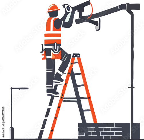Construction worker installing security camera while standing on an orange ladder vector illustration