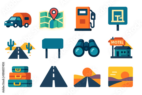 Cross-Country Journey Icons. Cross-Country Journey flat icons set. car and trailer, highway map, fuel pump, rest area, desert road, welcome sign, binoculars, roadside motel