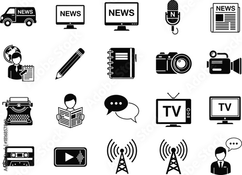 Comprehensive Vector Icon Set Representing News, Media, Journalism, Reporting, Communication Technology, Broadcasting, and Digital Content Creation Black and White Illustration