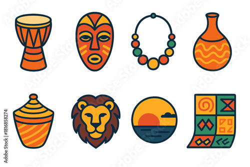 Vibrant Cultural Icons. African Heritage Festival flat icon set: djembe drum, tribal mask, bead necklace, calabash, woven basket, lion symbol, sunset, pattern fabric