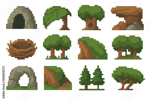 Natural Shelter Icons. Natural Shelter Icons pixel style icon set: cave entrance, large leaf canopy, hollow tree, rock overhang, nest symbol, shady grove, protective ridge, forest