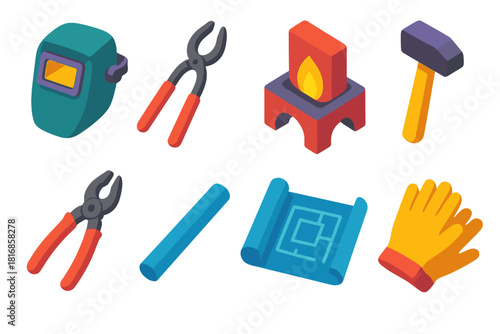 Isometric Workshop Tools. Workshop Tools flat icons set. welding mask, tongs, forge, hammer, pliers, metal rod, blueprint, protective gloves