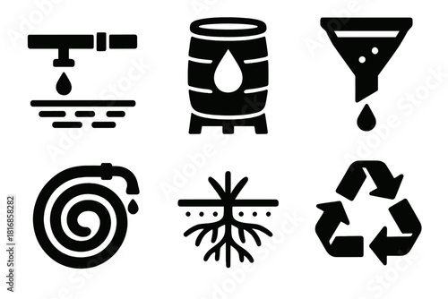 Eco Irrigation Icons. Eco Irrigation silhouette icon set. drip line, rain barrel, filter, hose, roots, recycling arrows