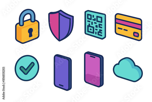 Vibrant Security Icons. Secure Shopping flat icons set. lock icon, shield, QR code, credit card, checkmark, smartphone, wallet, cloud