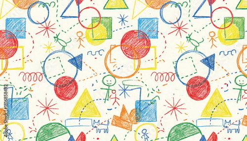 Funky crayon drawn geometric shapes and lines. Colorful pencil or chalk drawn naive Swiss design aesthetic. Basic geometric shapes, dots, playful pattern, primitive forms and figures