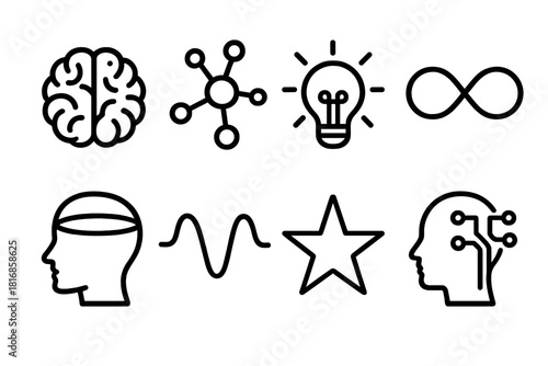 Mind Expansion Icons. Mind Expansion linear icon set: brain, neuron network, glowing idea, infinity loop, open head, energy wave, star, circuit