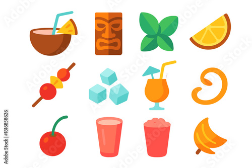 Tropical Drink Icons. Island Beverages flat icon set: coconut shell cup, pineapple slice garnish, tiki glass, palm straw, mint leaves, citrus wedge, fruit skewer, crushed ice