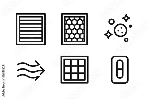 Filter System Icons. Filter Systems linear icon set. HEPA filter, carbon layer, dust particle, airflow arrow, grid, switch
